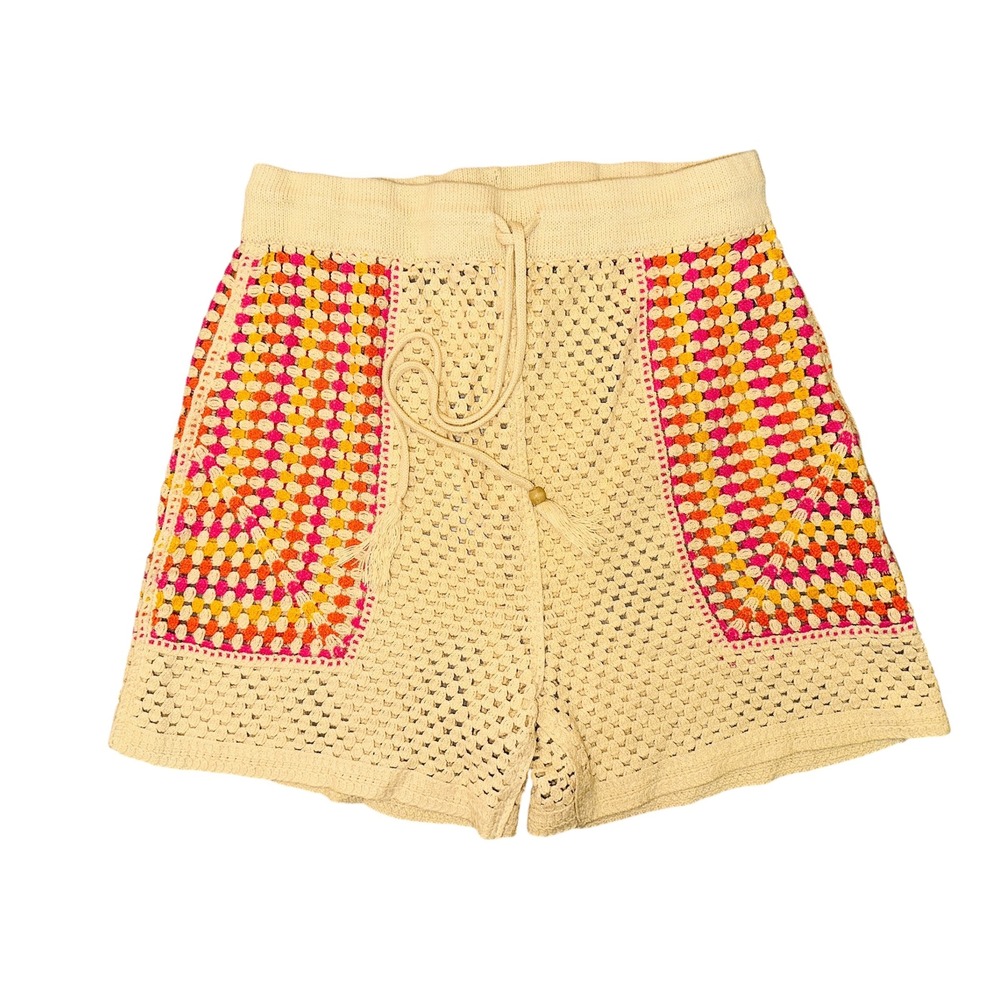 House of Harlow 1960 Crochet Shorts Drawstring Waist Colorful Accents Large